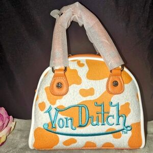Von Dutch Orange and White Cow print Bowling Bag